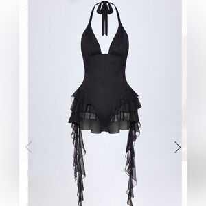 Oh Polly Kristena Ruffled Halterneck Bodysuit Dress in Black